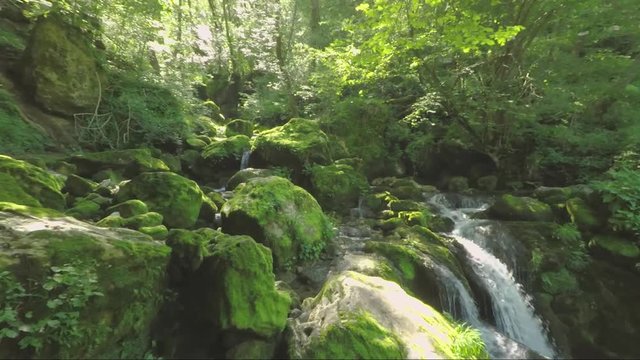 Stream with bridge under Skaklya Waterfall near the village of Bov and Vazov's footpath.Amazing nature in Bulgaria
