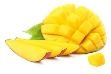 mango slice with green leaves isolated on white background. healthy food.