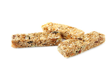 Different grain cereal bars on white background. Healthy snack