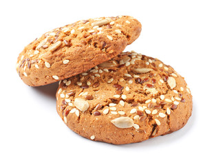 Grain cereal cookies on white background. Healthy snack