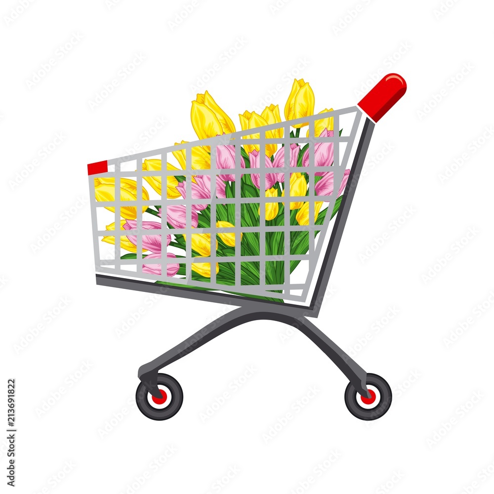 Wall mural Vector illustration shop trolley with tulips