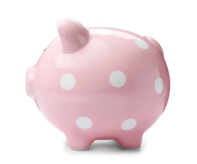 Pink piggy bank on white background. Money saving