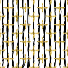 Modern seamless pattern with brush stripes and cross.Black, Gold metallic color on white background. Golden glitter texture. Ink geometric elements. Fashion catwalk style. Repeat fabric cloth print.