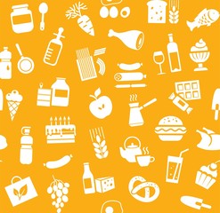 Food, seamless pattern, orange, monochrome, grocery, vector. Food and drinks, production and sale. Vector background. White icons on the orange field.  