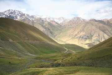 Fototapeta na wymiar The beautiful scenic from Bishkek to Naryn with the Tian Shan mountains of Kyrgyzstan