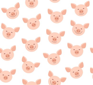 Funny piglets, seamless pattern, white, vector. Face pink pigs on a white background. Vector flat pattern. 