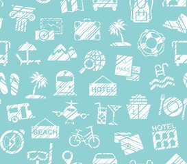 Travel, vacation, Hiking, leisure, seamless pattern, pencil shading, blue, vector. Different types of holidays and ways of travelling. White drawings on blue background. Imitation of pencil hatching. 