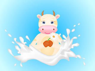 Cute cartoon cow in the milk splash. Vector illustration.