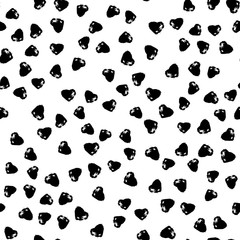 Vector seamless pattern with brush heartss. Black color on white background. Hand painted grange texture. Ink grange elements. Decorative ornament of love sign. Repeat fabric print.