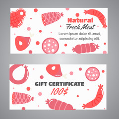 gift certificatewith meat products. Flat meat farm elements. Butcher promo banners, cards, brochure, sale, promotion. Vector © KamimiArt