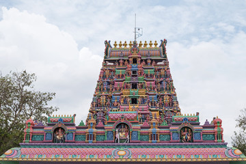 Gopuram, or entrance tower, at the front of the Karpaga Vinayagar temple at Pillaiyarpatti in Tamil Nadu state, India. The rock cut shrine dates back to the 5th century