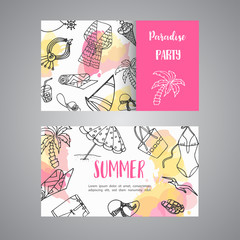 Summer hand drawn business card. Beach doodle elements. Vacation and trevel to the sea Sketch Vector