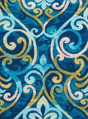 Blue and Yellow Decorative Floral Pattern On Fabric Texture