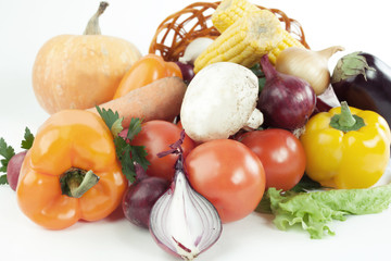 closeup.a variety of fresh vegetables in a wicker baske