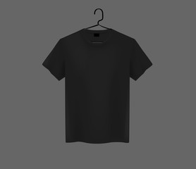 Front view of men's black t-shirt Mock-up on metal hanger and dark background. Short sleeve T-shirt template on background.