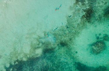 Akumal bay Caribbean beach in Riviera Maya. Aerial view of Sea side beach. Top view aerial video of beauty nature landscape with tropical beach in Akumal, Mexico. Caribbean Sea, coral reef, top view