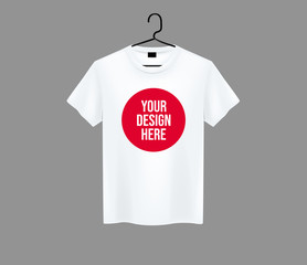 Men white T-shirt. Realistic mockup with brand text for advertising. Short sleeve T-shirt template on background.