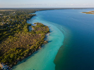 Beautiful turquoise water. Laguna Bacalar  - the lake of seven colors. Favorite place of rest for Mexicans