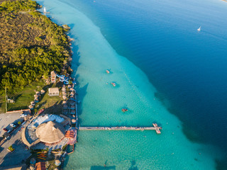 Beautiful turquoise water. Laguna Bacalar  - the lake of seven colors. Favorite place of rest for Mexicans