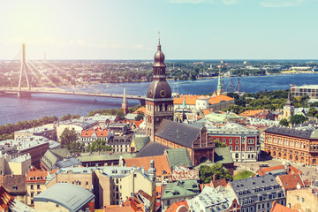 Fototapeta na wymiar Aerial view of Riga with the Dome Cathedral and embankment of the river Daugava