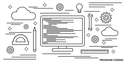 Program coding, application development, algorithm optimization thin line art style vector concept
