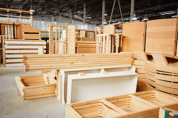 Industrial factory. Furniture production at woodworking enterprise. Wood processing manufacture.