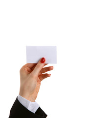 Businesswoman holding a blank card isolated on white background
