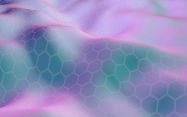 Colorful honeycomb with a gradient color on a light background. Perspective view on polygon look like honeycomb. Wavy surface. Isometric geometry. 3D illustration