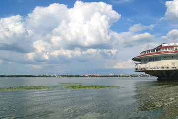 sea, ship, boat, water, cruise, sky, house on the water, river, tourism,  ukraine, dnepr, ocean, travel, blue, summer, vessel, ferry, transportation, beach, port, passenger, coast, clouds, nautical,  