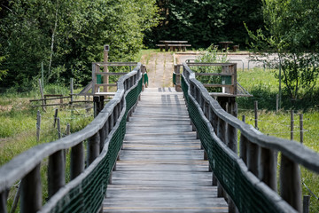 Fototapeta na wymiar wooden footpath boardwalk in the bog swamp area