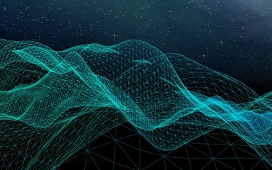 Abstract landscape on a dark background. Star horizon. Cyberspace grid. Hi-tech network. Outer space. Starry outer space texture. 3D illustration