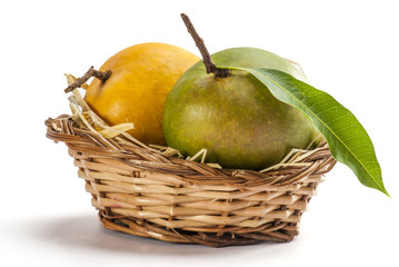 Mangoes in cane basket isolated on white background
