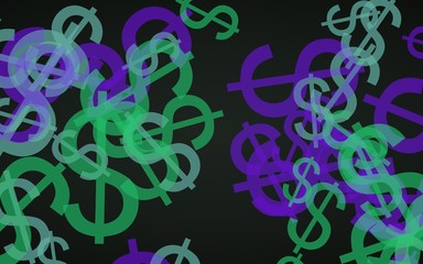 Multicolored translucent dollar signs on dark background. Green tones. 3D illustration