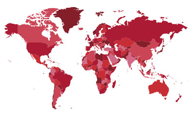 Political blank World Map vector illustration with different tones of red for each country. Editable and clearly labeled layers.