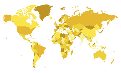 Fototapeta na wymiar Political blank World Map vector illustration with different tones of yellow for each country. Editable and clearly labeled layers.