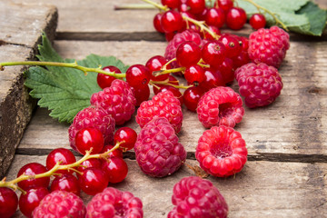 Berries of raspberries and red currants on an old board. Background in a rural style.