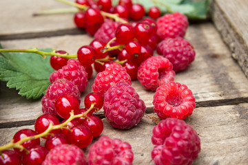 Berries of currants and raspberries on an old board. Red berries on an old board.