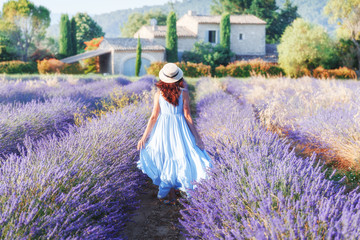 Obrazy na Szkle  Piękna młoda kobieta spaceru w polu lawendy w Prowansji, Francja, park narodowy Luberon. Modny strój niebieska sukienka, słomkowy kapelusz. Widok z tyłu. Tradycyjny dom w tle. Fiolet w naturze.