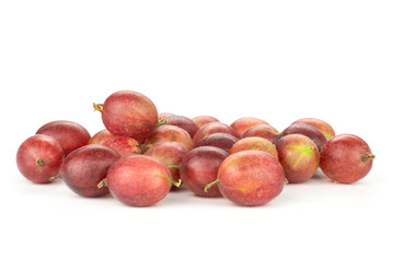 Lot of whole fresh red gooseberry hinnomaki variety stack isolated on white