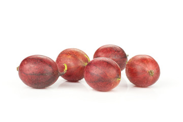 Group of five whole fresh red gooseberry hinnomaki variety stack isolated on white