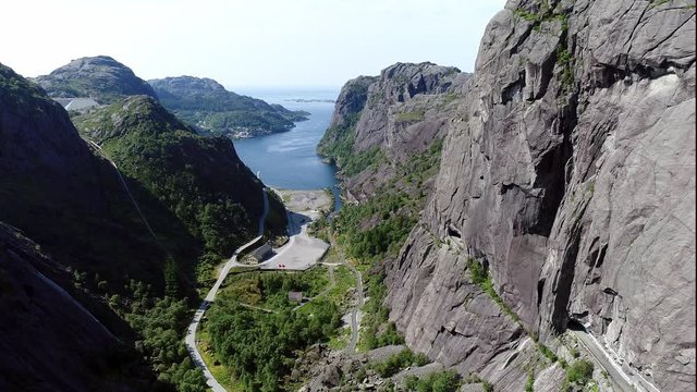 Aerial footage of J&oslash;ssingfjorden a fjord in Sokndal municipality in Rogaland county, Norway.
The fjord is well known as the location of the World War II-era Altmark Incident. Tilt up shot.