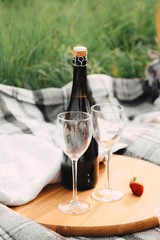 wine bottle with glasses on a wooden board
