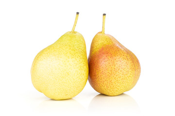 Group of two whole fresh red pear forelle variety with a stems isolated on white