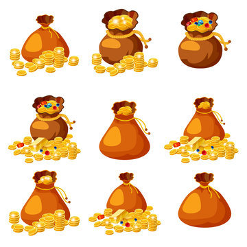 Set of old bags, purses, empty and full of gold, coins, brillants, treasures, for gaming, applications, vector, isolated, cartoon style
