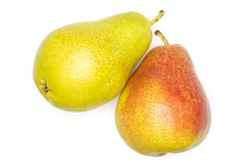 Group of two whole fresh red pear forelle variety flatlay isolated on white