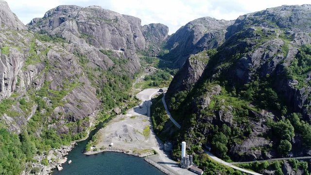 Aerial footage of a curvy road in J&oslash;ssingfjorden a fjord in Sokndal municipality in Rogaland county, Norway.
The fjord is well known as the location of the World War II-era Altmark Incident.