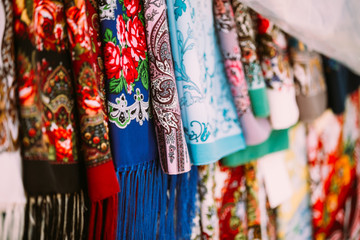 Rows Of Traditional Russian Colorfull Scarfs And Headscarfs In Market