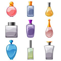 Set of perfumed bottles, perfume, cologne, toilet vrda, care of the body, beauty, vector, isolated, cartoon style