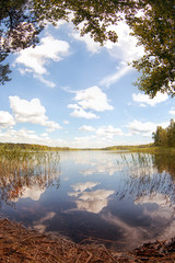 Fototapeta na wymiar Lake on a summer day with the reflection of clouds in the water. Summer landscape.