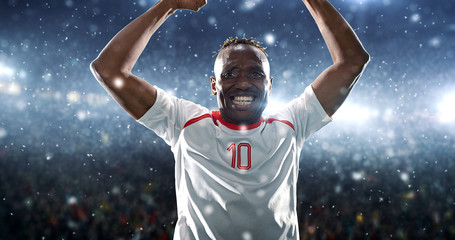 Soccer player celebrates a victory on the professional stadium while it’s snowing.